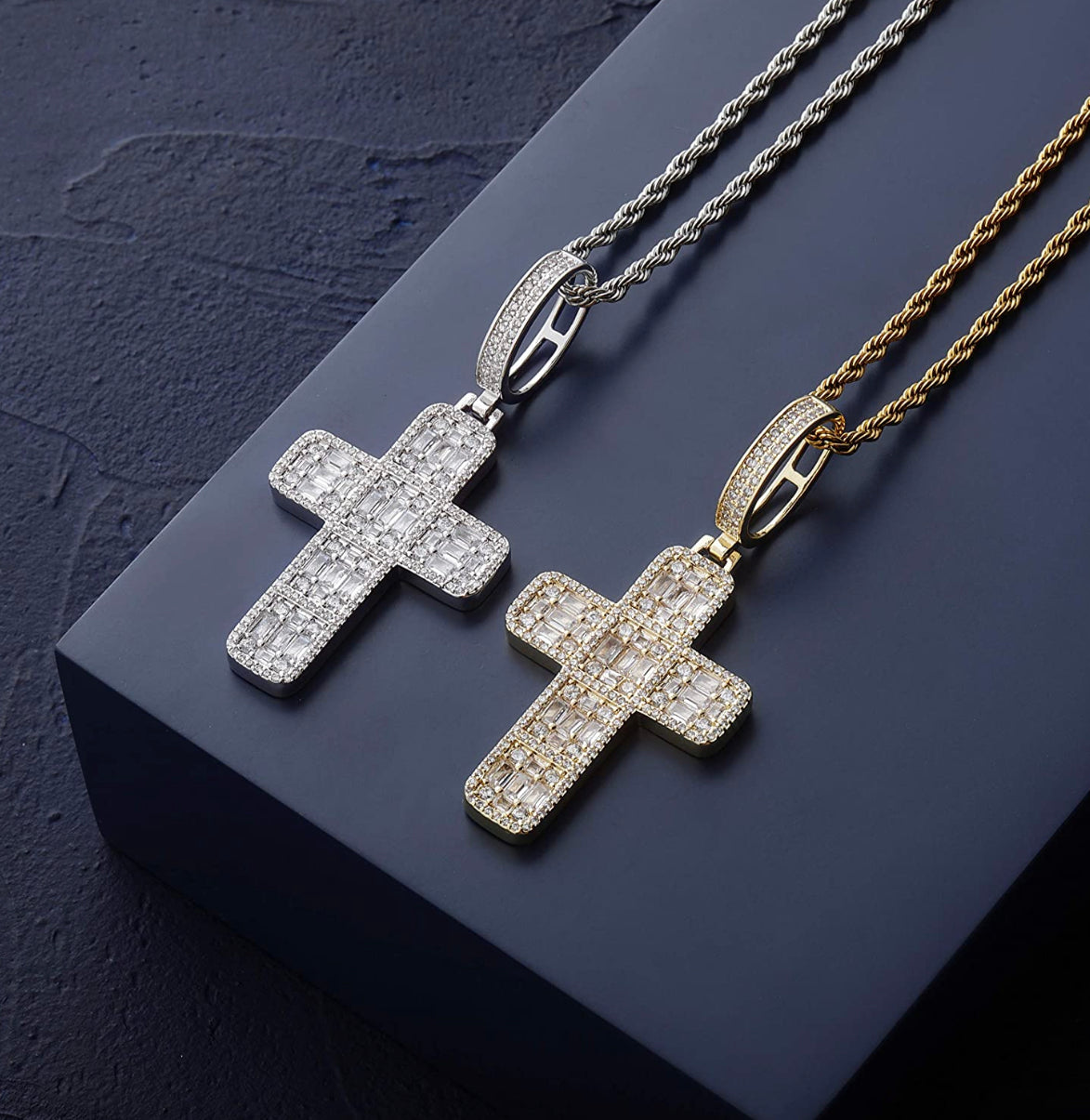 Mens Gold Flat Baguette Cross Necklace