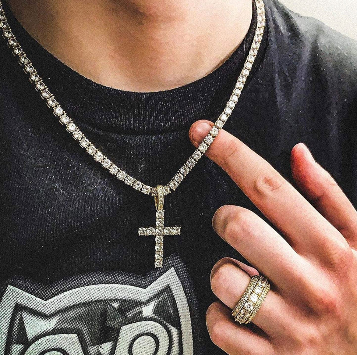 Mens Gold Tennis Cross Necklace