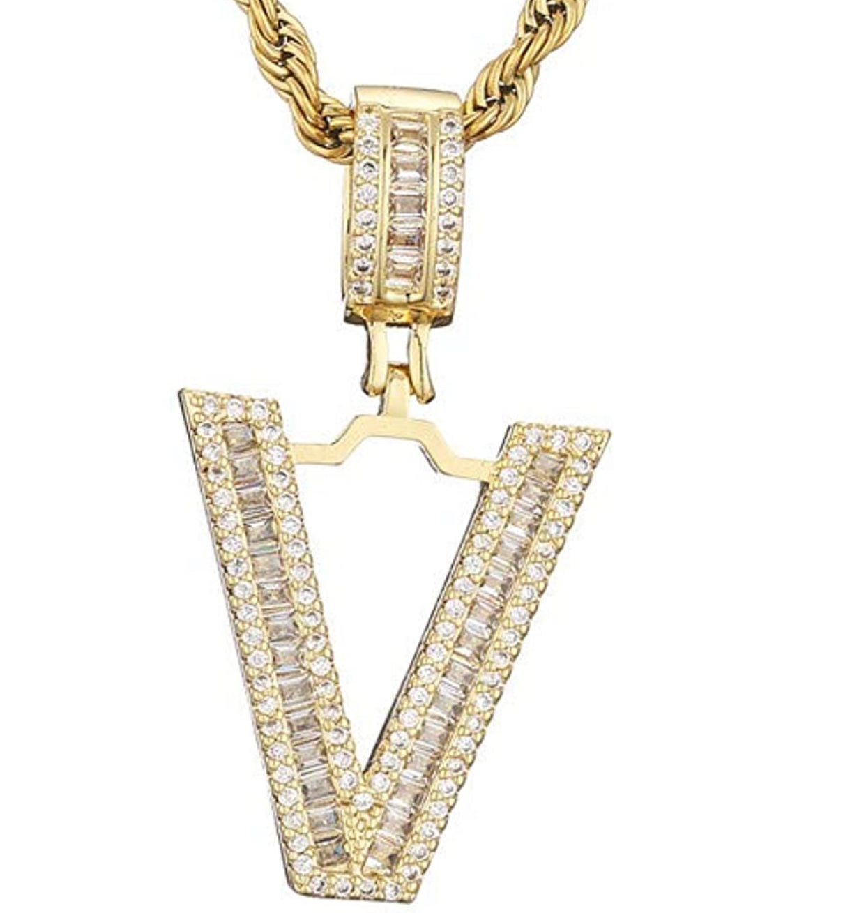 Gold Baguette Letter ''V'' Necklace