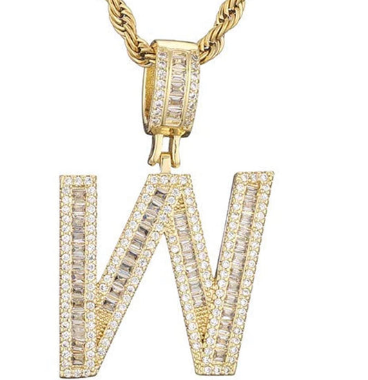 Gold Baguette Letter ''W'' Necklace