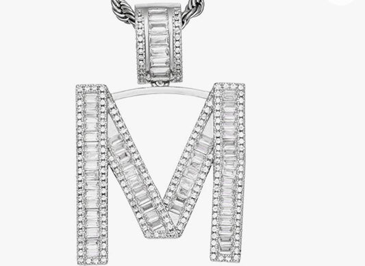 Silver Baguette Letter ''M'' Necklace