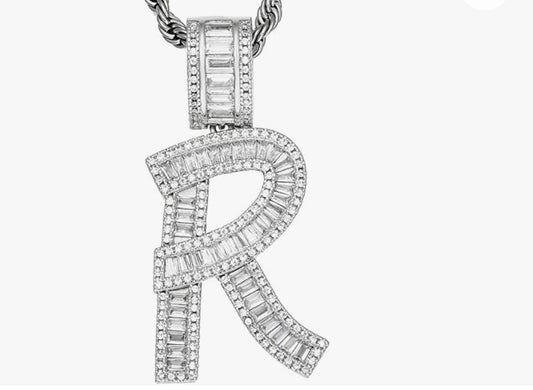 Silver Baguette Letter ''R'' Necklace