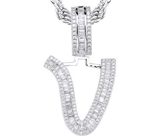 Silver Baguette Letter ''V'' Necklace