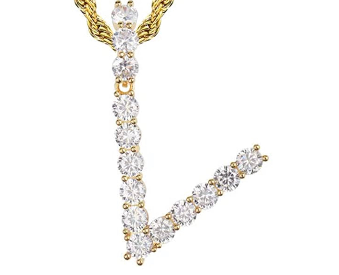 Gold Tennis Letter ''V'' Necklace