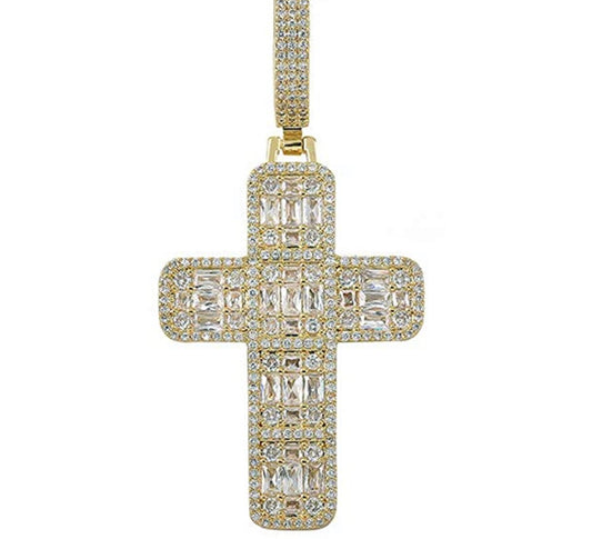 Mens Gold Flat Baguette Cross Necklace